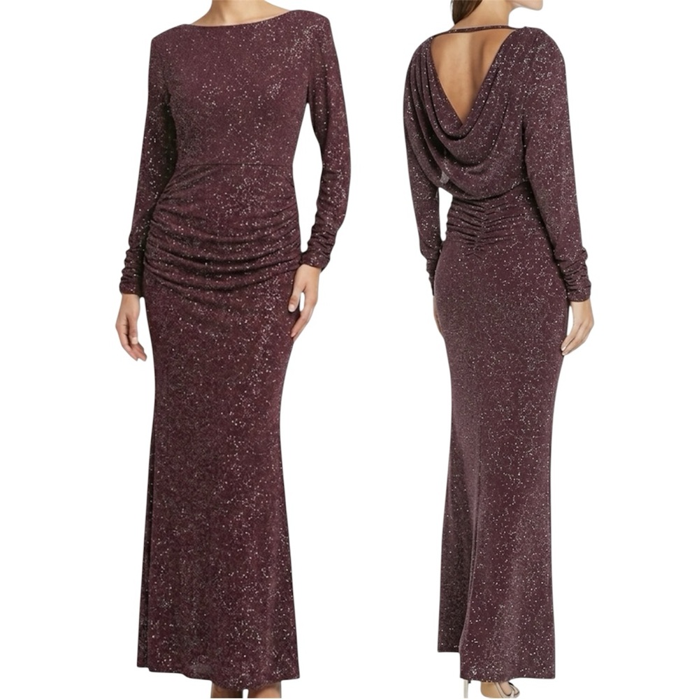 Vince Camuto Plum Metallic Long Sleeve Cowl Back Gown